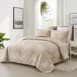 DJY Beige Quilt Set King Size - Branch Botanical Pattern Bedspread Coverlet Set, 3 Piece Cream Beige Floral Quilt Bedding Set Soft Lightweight Microfiber Bed Cover for All Season, 104''x90''