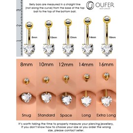 OUFER 14G Belly Button Piercing Titanium Heart Piercing Long Short CZ Gemstone Balls Belly Button Piercing Navel Bars Silver 1.6 mm Navel Ring Woman Gift Jewellery, Titanium