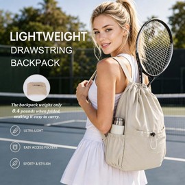 YeeSupe Drawstring Backpack for Women Men,Lightweight Foldable String Bag,Nylon Cinch Bag For Sports Gym Travel (Beige)