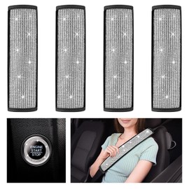 Kewucn Bling Car Seat Belt Shoulder Pads, PU Leather Crystal Rhinestone Auto Seatbelt Covers with Glitter Start Button Ring, Universal Diamond Vehicle Decor Accessories 5 Pack Set for Women (Black)