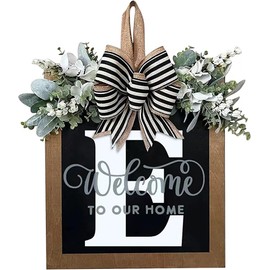 Last Name All Year Wreath Front Door Wreath,Front Porch Decoration 26 Letter Welcome Wreath, Eucalyptus and Bow Wreath for Spring, Summer, Autumn, Winter, Wall Window, Porch Farmhouse Decoration（E）