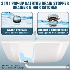GDLSYLGHY Universal 2 in1 Upgraded Pop-up Bathtub Drain Stopper,Premium Brass Tub Stoppers with Larger Hair Catcher, Anti-Clogging,Tub Drain Plug&Cover Suitable for 1.45in-1.8in Opening,Depth Over 1in