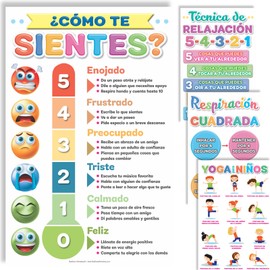 DeeDee's Workshop 4 Spanish Feelings Chart For Kids, Feelings Thermometer Poster, Emotions Poster, Calm Down Corner, Set of 4 (11 x 17 inches)