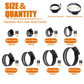 ISPINNER 80pcs 8 Sizes Stainless Steel Adjustable 6-51mm Range Worm Gear Hose Clamps Assortment Kit (Black)