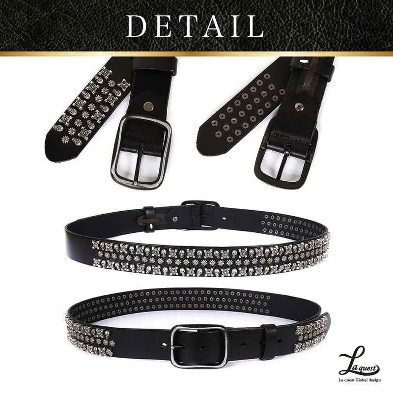 Laquest Men's Skull Studded Belt, Genuine Leather, Skull, Studs, Leather,