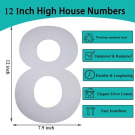 BetLight 12 Inch High House Numbers for Outside - Silver Stainless Steel Rustproof Floating Mounting Home Address Numbers/Number 8