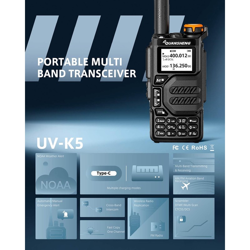 QUANSHENG UVK5 AM/FM/DTMF walkie Talkie 200 Channel Type-C Charging Three