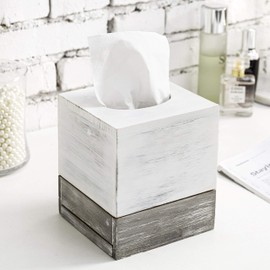 MyGift Vintage White and Distressed Gray Wood Square Bathroom Tissue Box Dispenser Holder Cover with Slide-Out Bottom Panel, 5.5 x 5.5 x 6.5 Inches