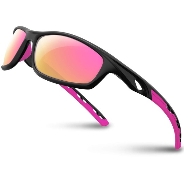 RIVBOS Womens Sunglasses Polarized TR90 Unbreakable Frame Sports Driving Fishing Cycling RB833-Black&Pink