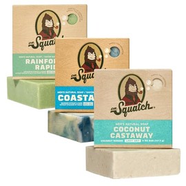 Dr. Squatch Natural Soap for Men - Cold Stirred Solid Soap with Natural Oils - Gifts for Men - Coconut Castaway, Rainforest Rapids, Coastal Mist (142g, Pack of 3)