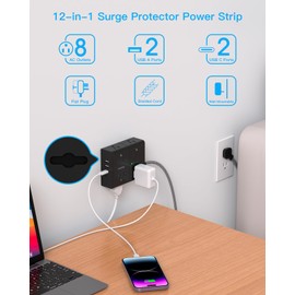 Surge Protector Power Strip 15 Ft Cord, Ultra Thin Flat Extension Cord with 8 Outlets 4 USB Ports(2 USB C), Flat Plug Power Strip, 15 Ft Long Braided Power Cord for Home, Office, Dorm Essentials - BK