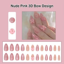 ANDGING Almond Nude Pink Press on Nails Short Medium Fake Nails with 3D Bow Designs Fantasy Glue on Nails for Women Acrylic Stick on Nails for Wedding Gel False Nails Manicure Classy Pressons Nails