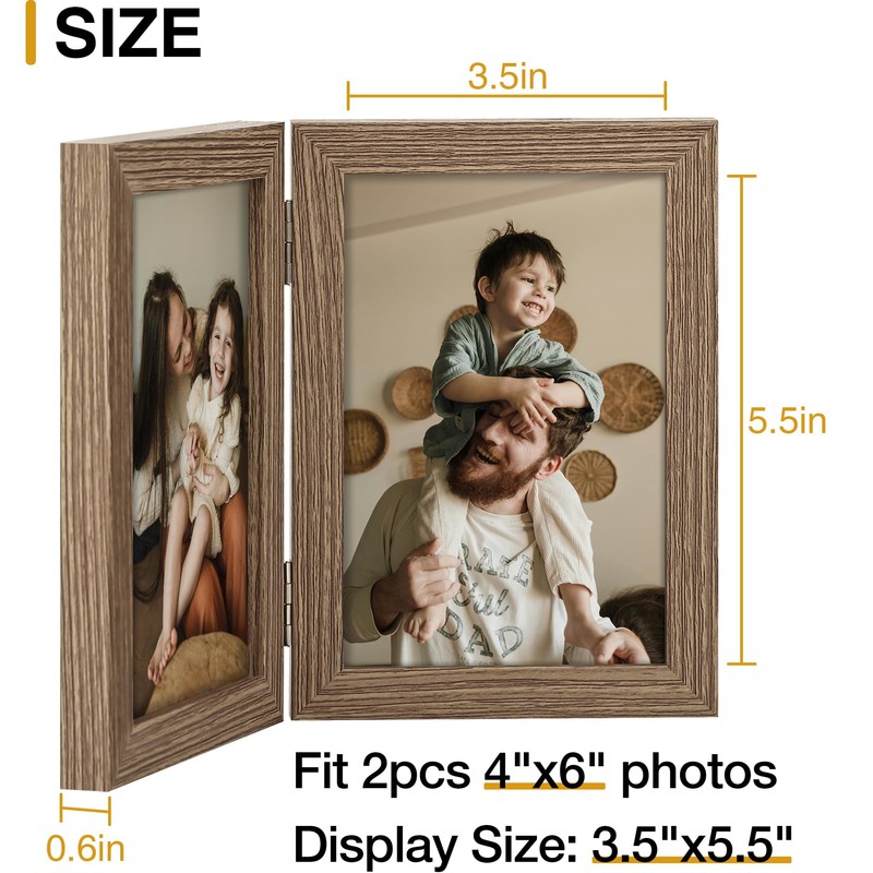 decorUhome Double 4x6 Picture Frame Vertical, Engineered Wood Bifold Photo