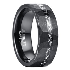 VAKKI 8mm Black Brushed Hammered Tungsten Carbide Rings with Imitated Meteorite Inlay Engagement Wedding Bands Comfort Fit Size Y