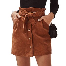 Susupeng Women Paperbag High Waist Elastic Belted Corduroy Button Front with Pockets Short Mini Skirt(Large, Brown)