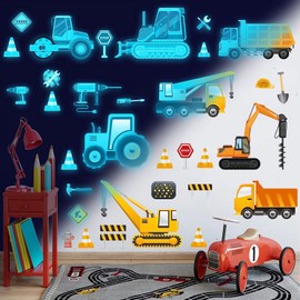 Glow in The Dark Construction Vehicles Wall Stickers Transport Cars Theme Fluorescent Stickers Peel and Stick Road Signs Truck Wall Art Decals for Kids Boys Bedroom Playroom Baby Nursery Blue