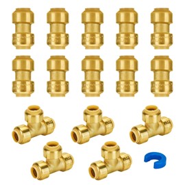 SUNGATOR Pushfit Plumbing Fitting Assortment 1/2 Inch, Straight Coupling (10 PCS), Tee (5 PCS), No Lead Brass Push to Connect Pex, Copper, CPVC, with A Disconnect Clip, Pack of 15
