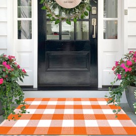 IOHOUZE Cotton Buffalo Plaid Check Rug Outdoor Doormat 27.5 x 43 Inches Washable Woven Outdoor Indoor Welcome Mats for Front Door/Farmhouse/Entryway/Home Entrance Black and Orange Outdoor Rug