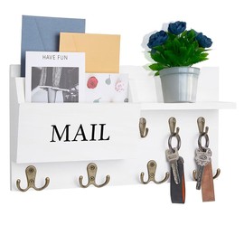 Niciksty Key and Mail Holder for Wall, Farmhouse Mail and Key Organizer, Wood Mail Sorter with 7 Hooks for Doorway Entryway Hallway, White
