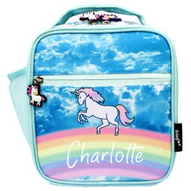FRINGOO Kids Lunch Bag Thermal Insulated 2 Compartments Cooler Bag with Side Mesh Pocket Nursery School Travel Lunchie (Unicorn Clouds)