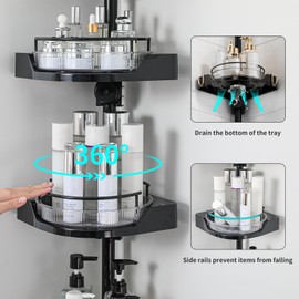YCIA&DONE Corner Shower Caddy Tension Pole, Rotating Shower Organizer for Bathroom Shelf Bathtub, Adjustable Standing Shower Rack Bathroom Accessories, Easily Assemble, 34-124 Inch Height