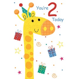 Age 2 Birthday Card - Giraffe in Party Hat Stars Swirls Glitter 7.75x5.25"