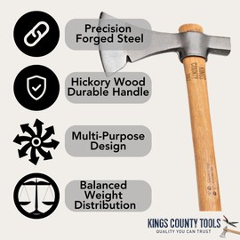 Camping Hatchet - Tomahawk Axe with German-Forged Carbon Steel Blade with 4-1/2” Curved Cutting Edge - USA Hickory Handle Camp Axe for Splitting Wood and Hammering Stakes by Kings County Tools