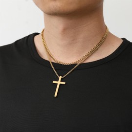 RWQIAN Cross Necklace For Men,Mens Cross Necklaces Gold Small Stainless Steel Layered Cuban Link Cross Chain For Men |18 Inch,Simple Religious Christian Cross Pendant Jewelry for Boys Gifts