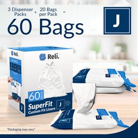 Reli. SuperFit Code J (60 Count) | Compatible with Simplehuman Code J | Dispenser Pack Custom Fit Liners | Drawstring Trash Bags | 30-45 Liter / 8-12 Gallon | White