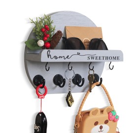 Key Holder for Wall Key Hooks Wall Mounted with Dried Flowers with Shelf and Wooden Key Holder Round Key Rack for Entryway Mudroom Hallway Kitchen Office (Grey)