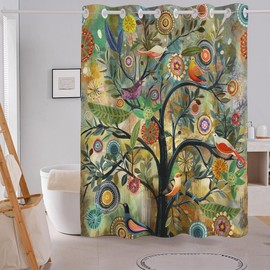 No Hook Shower Curtain Boho Floral Hookless Shower Curtain Bohemian Colorful Bright Polyester Fabric Cloth Shower Curtain for Bathroom Decor Decoration Style 76" H x 72w (Dark Grenn Bird)