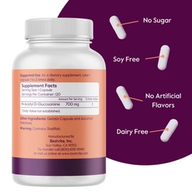 BESTVITE BESTVITE N-Acetyl Glucosamine (N-A-G) 700mg (120 Capsules) - No Stearates - Non GMO - Gluten Free