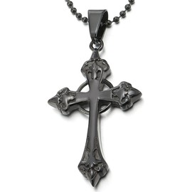 COOLSTEELANDBEYOND Unisex Gothic Black Circle Cross Pendant Necklace Stainless Steel for Men Women, 23.6 in Ball Chain