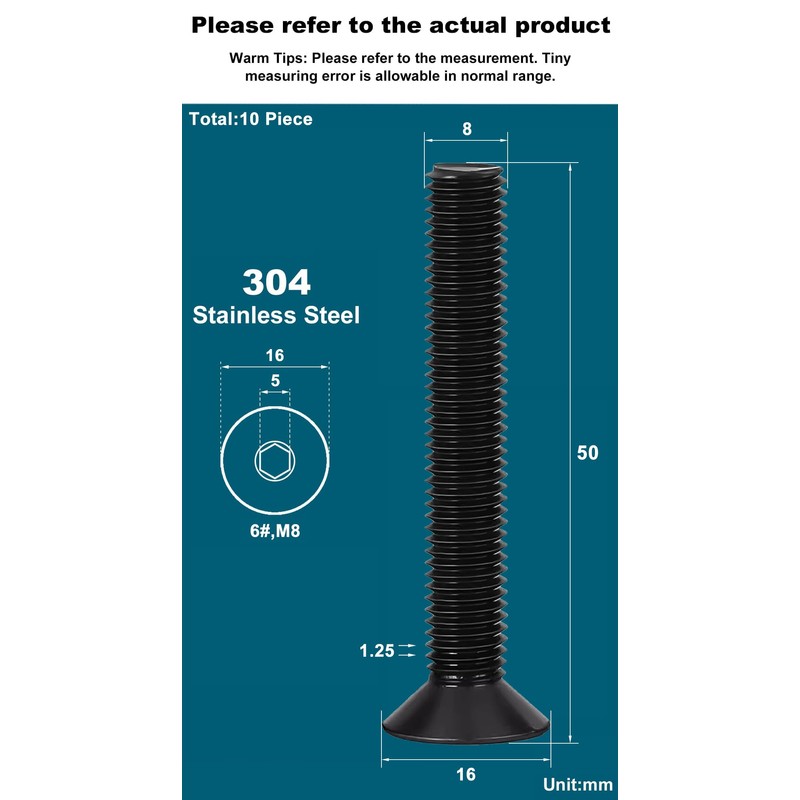 Drenky M8 x 50 mm Countersunk Screws with Hexagon Socket,