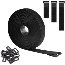 Azarxis Cable Straps 16ft 32ft with 25 50 Buckles, Free Cut Length, Black Reusable Ties Wire Cord Organizer, Bike Straps, Adjustable Hook and Loop Securing Strap for Wire Management (16ft Strap)