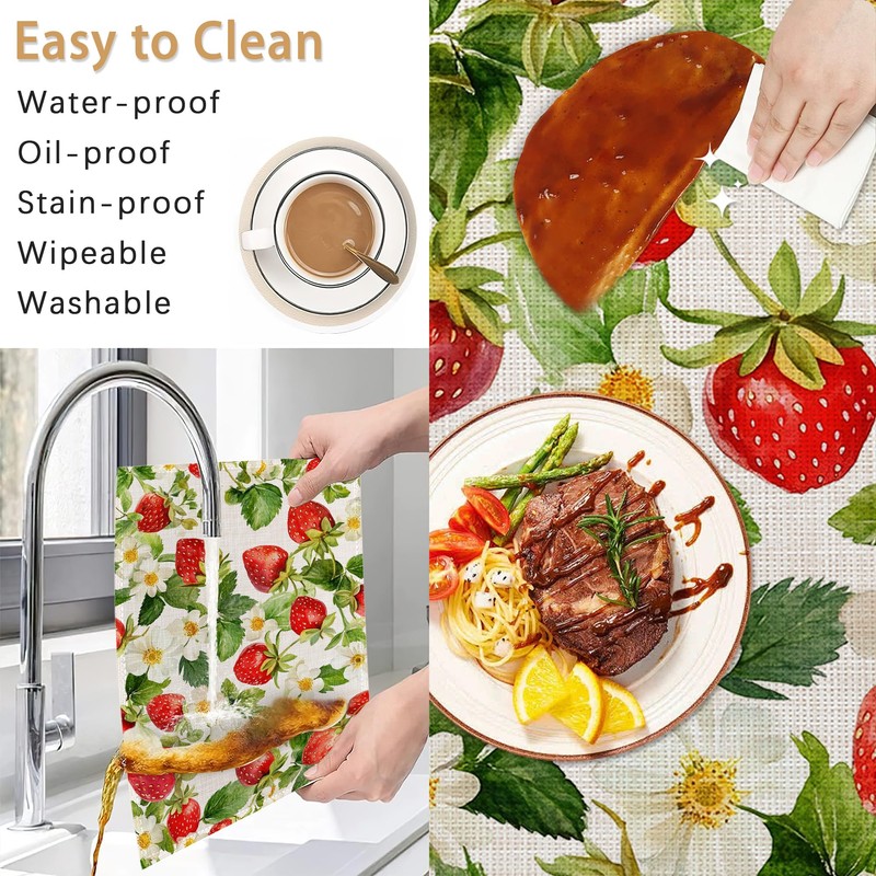 6 Pcs Placemats,Red Strawberry Placemats,Leaves Flower Table Mats Washable Recyclable