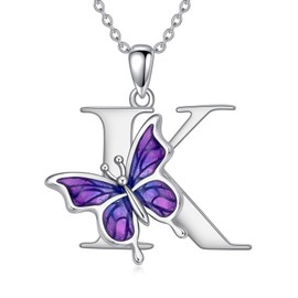 LONAGO Initial Necklace for Women 925 Sterling Silver Purple Butterfly with A-Z 26 Letters Pendant Necklace for Graduation Gifts, Sterling Silver, No Gemstone