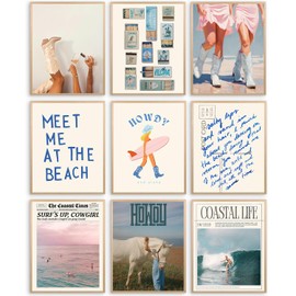 Elegend Coastal Granddaughter Decor, 9pcs Coastal Cowgirl Wall Art, Beachy Room Decor Aesthetic, Vintage Surf Decorations for Teen Girls