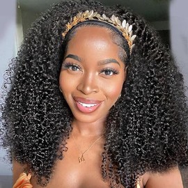 XSY Peluca de cabello humano rizado con diadema de 20 pulgadas, 150% de
