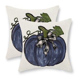 Gohdiwh Fall Pillow Covers 18x18 Set of 2 Dark Blue Pumpkin Leaves Fall Decor Pillowcase Autumn Harvest Thanksgiving Decorative Outdoor Throw Pillow Covers Linen Farmhouse Cushion Case for Couch Home
