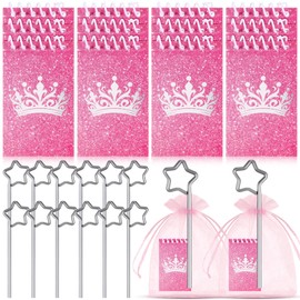 Resurhang 12 Set Princess and Witch Party Favors Kit 12 Star Magic Wand Pencil 12 Crown Notepads 12 Organza Bags for School Pink and Green Party Supplies Magical Birthday Decorations Gifts