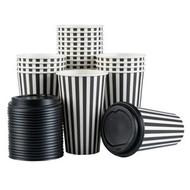 Restaurantware 16 Ounce Disposable Coffee Cups With Lids, 20 Hot Cups With Lids - Sleeves Sold Separately, Single Wall, Black And White Stripe Paper Coffee Cups, For All Kinds Of Beverages