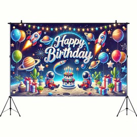 BlissYard Space Happy Birthday Photography Background Astronaut Rocket Backdrop Banner 71 x 43 Inch for Kids Boys Birthday Celebrations Party Decorations Galaxy Planet Party Photo Booth Banner