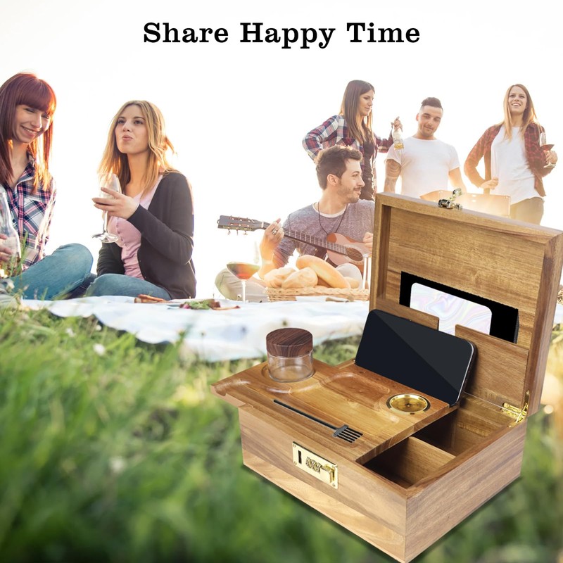TMKEFFC Large Wooden Box with Combination Lock,Humidity Meter,Removable Tray,10 Light-safe