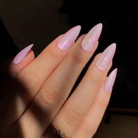 Qsnidy Pastel Pink Chrome Press on Nails Almond, Medium Length Glazed Unicorn Nails Acrylic Fake Nails Glue on, Iridescent Chrome Stiletto False Nails for Women Girls Daily Party Wear, 24Pcs Nails Kit