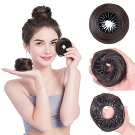 Hair Bun Extension Synthetic Straight Neat Donut Updo Stretchy Ring Claw Clip Fluffy Chignons Scrunchies Ponytail Hairpiece (Black Brown)