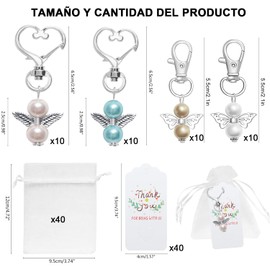 MECOS Juego de 40 Llaveros de Ángel para Alas 40 Bolsa de Regalo de Organza 40 Etiqueta de Agradecimiento Bolsa de Caramelo y Regalo Recuerdo para Bautizos Regalo para Cumpleaños Fiesta, Bautismo