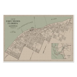 Map of Fort Myers Florida circa 1947 - includes Lee County, Sanibel, Captiva, Pine Island and Fort Meyers Beach on Inset (18 x 24 inches)