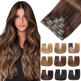 EINbeauty Clip-In Real Hair Extensions, 7 Pieces, Straight Real Hair Extensions, Dark Brown with Chestnut Brown, Clip-In Extensions, 80 g, 35 cm (14 Inches, 2/2/6#)