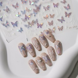 Dedyel Butterfly Nail Art Stickers 5D Embossed Aurora Butterfly Nail Stickers for Nail Art Pink Purple Shiny Butterfly Nail Sticker for Women Girls DIY Nail Decoration